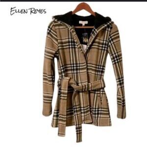 ER Plaid Hooded Coat in Tan and Black NWT